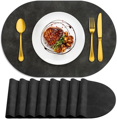 ADRIMER Oval Placemats Set of 8, Wipeable Faux Leather, Dark Grey