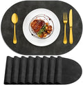 ADRIMER Oval Placemats Set of 8, Wipeable Faux Leather, Dark Grey