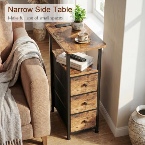 LOAKEKEL Narrow End Table with Charging Station, Small Nightstand