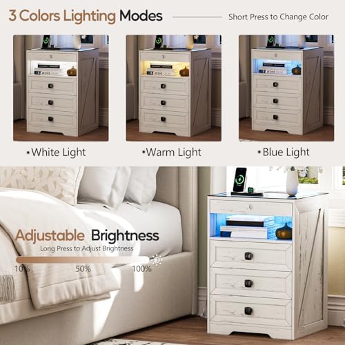 Smart Nightstand with Lockable Gun Drawer,Farmhouse Bedside Table with Charging Station and 3 LED Lights, Modern Night Stand with 3 Drawers,Glass Top End Side Table for Bedroom（White）