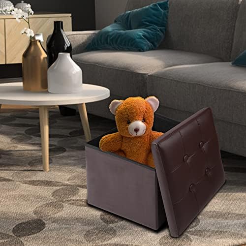 ALASDO Storage Ottoman Footrest Stool Small Ottoman with Storage Foldable Ottoman Leather Foot Rest Footstool Bench for Living Room 17x13x13inches Brown