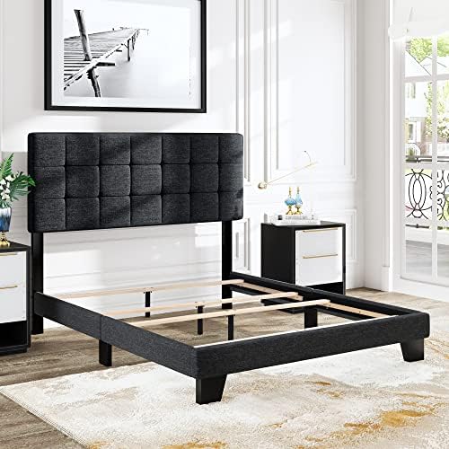 Allewie Queen Size Panel Bed Frame Box Spring Needed Dark Grey