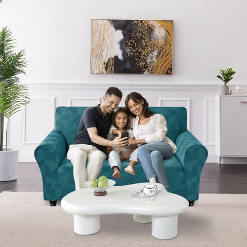 JIVINER 1 Piece Couch Cover for 2 Cushion Couch, High Stretch Loveseat Covers with Elastic Bottom, Washable Sofa Slipcovers for Dog, Pets Feature Geometrical Jacquard Fabric (Loveseat, Peacock Blue)