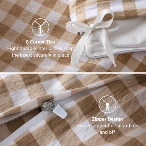 Bedsure Brown Gingham Ruffle Duvet Cover Set, Cotton-Like Quilt Cover,Queen