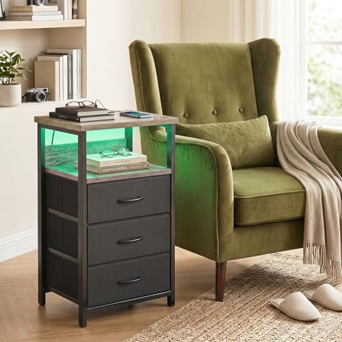 Fixwal Night Stand with 3 Fabric Drawers, Nightstand with Charging Station