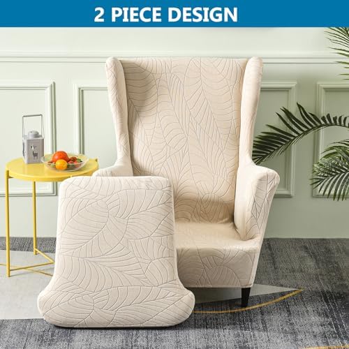 2 Piece Wingback Chair Cover Stretch Jacquard Wing Back Chair Slipcover with Armrest Washable Furniture Protector for Armchair Living Room Bedroom
