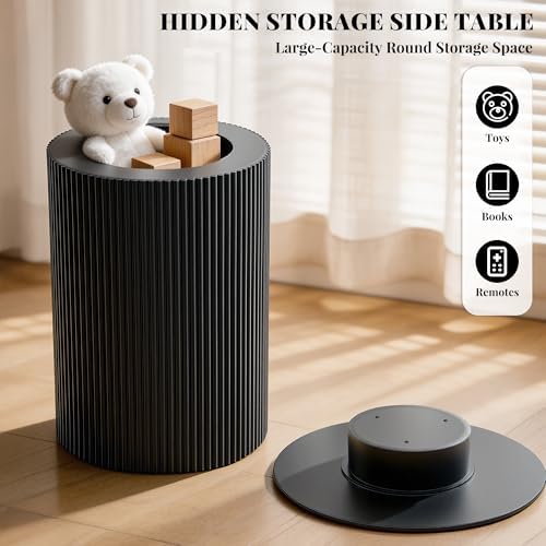 Fluted Side Table with Storage,24" Round Reversible Wood End Table