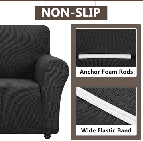 2 Piece Stretch Chair and Ottoman Cover Set, Jacquard Accent Armchair and Foot Stool Slip Cover, Non-Slip Slipcover for Chair with Footrest (Black,2 Pieces Set)