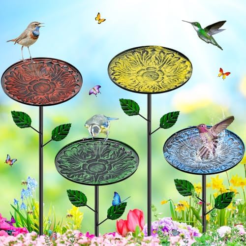 4 Pack Bird Bath for Outside, Birdbath & Feeder Bowl with Metal Stakes