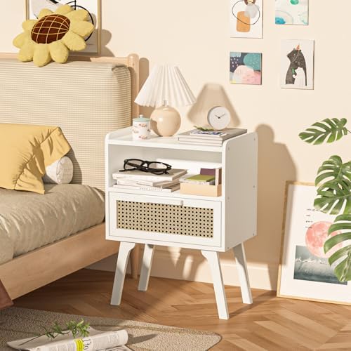 Lerliuo Rattan Nightstand, Bedside Table with Drawer Open Shelf