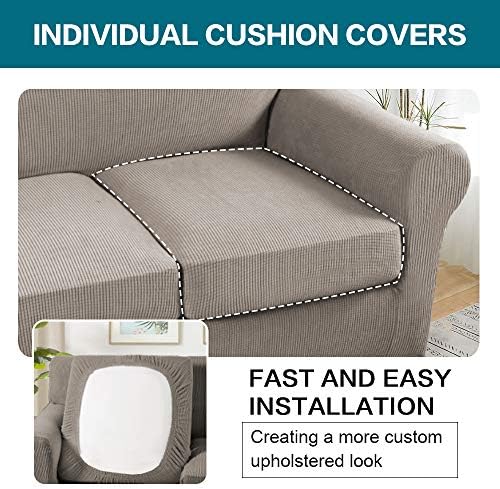 Turquoize 3 Piece Sofa Covers for 2 Cushion Couch Sofa Slipcover Soft Couch Cover for Dogs-Washable Sofa Furniture Covers with 2 Individual Cushion Covers, Thick Jacquard Fabric (Loveseat, Taupe)