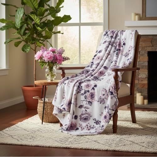 Soft Fleece Throw Blanket, Elegant Floral Roses Lavender White Pink, 50x70