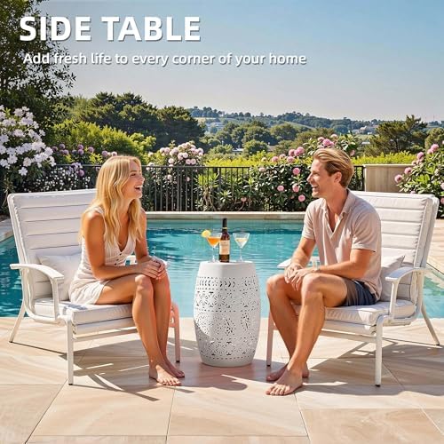 18" Cutout Metal Outdoor Side Table, Modern Drum Accent Table,White