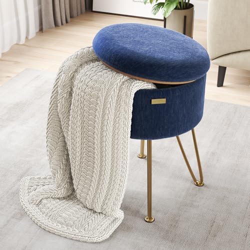 Round Ottoman with Storage, Textured Velvet Storage Ottoman, Foot Stool Ottomans, Makeup Vanity Stool, Small Ottomans Foot Rest, Modern Vanity Stools for Living Room and Bedroom, Blue