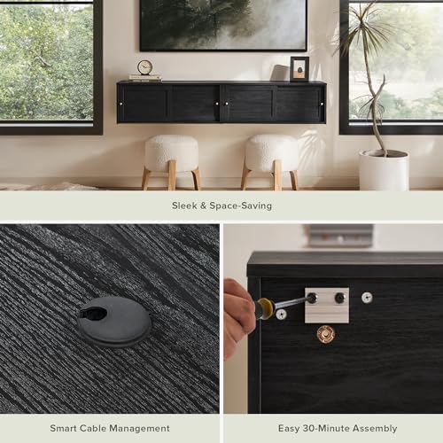 mopio Lauren Floating TV Shelf, Multi-Purpose Modular Under TV Display Shelf, Wall Mounted Wood Television Cabinet, Nightstand, Side Table, End Table, Bedside Shelves for Bedroom (Black, 62", Twin)