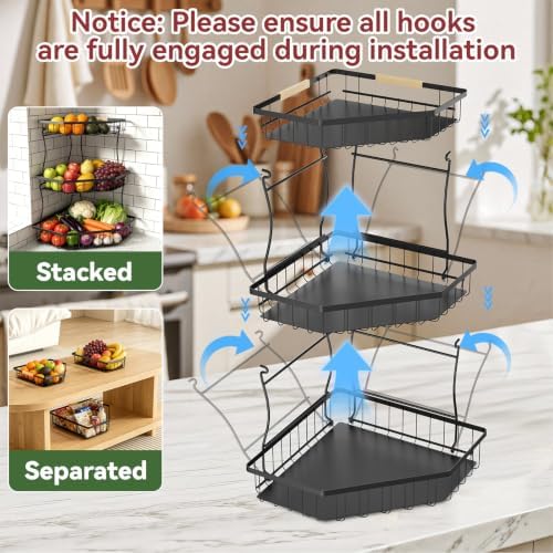 3 Tier Fruit Basket for Kitchen Counter with 2 Banana Hangers for Corner