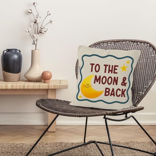 Moon and Stars Nursery Throw Pillow Cover 18x18, to the Moon and Back Decorative Pillow Covers for Kids Toddler Boy Girl Nursery Room Bedroom, Kids Room Accent Pillows Cover Pillowcases