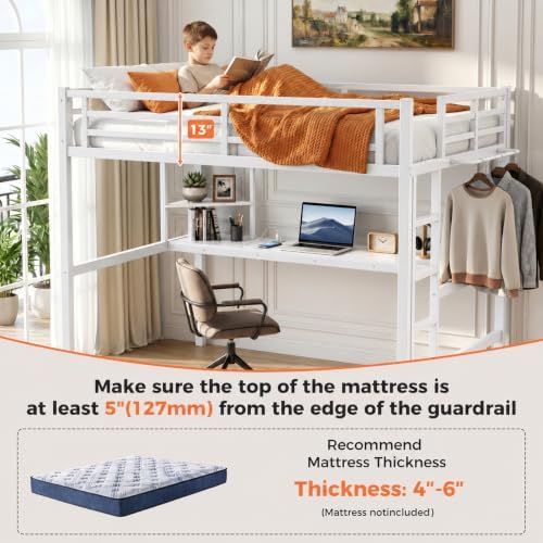 Twin Loft Bed with Desk, USB Charging Station, LED Light，Storage Shelves