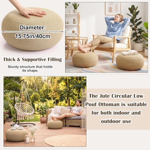 Briwooody 2 Pcs Handmade Round Jute Weave Low Pouf Ottoman