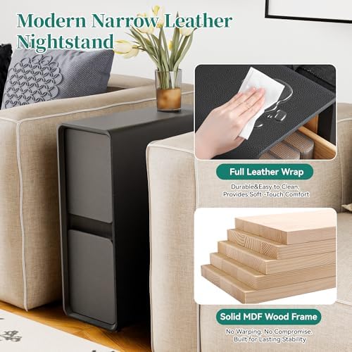 7.8" W Leather Narrow Nightstand Set of 2, Modern Fully-Assembled Bedside Table with 2 Drawers, White Night Stand Small Accent End Table & Side Table for Bedroom, Black