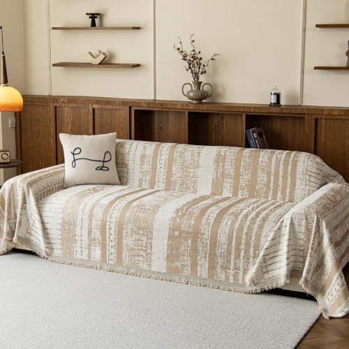 MEETSKY Boho Chenille Couch Cover for Dogs, Washable Cat Scratch Proof Sofa Slipcover for L-Shape Sectional, Soft Pet Furniture Protector, 71" x 118", Khaki with Stripes