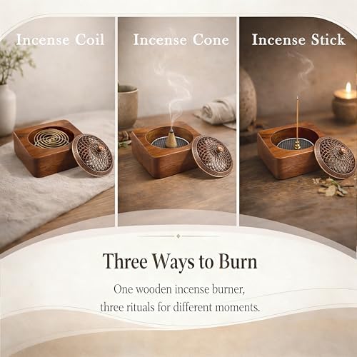Acacia Wood Incense Burner for Cones & Coils, with Sticks Holder