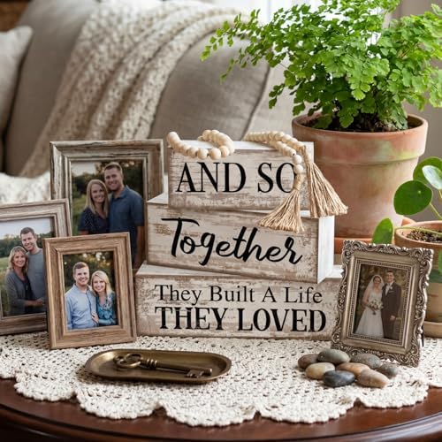 Yuntau 4 Pcs Farmhouse Table Centerpiece Wood Block Signs Tiered Tray Decor