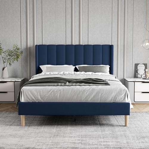Full Size Bed Frame with Velvet Upholstered Headboard, Blue