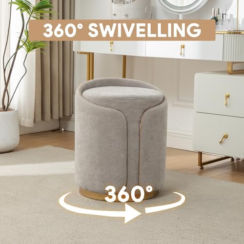Swivel Vanity Stool with Gold Base Comfy Vanity Chair Modern Round Stool for Makeup Vanity Ottoman Foot Rest for Bedroom livingroom (Light Gray)