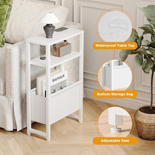 Narrow Side Table, Slim End Table with Magazine Rack, Skinny Bedside Table for Small Spaces, 3 Tier Sofa Couch Table Nightstand for Living Room, Bedroom, White LET503W