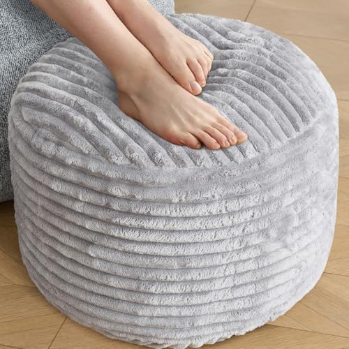 SHOUREN Stuffed Round Ottoman,Pouf Ottoman Foot Rest,20 X 15,Light Grey