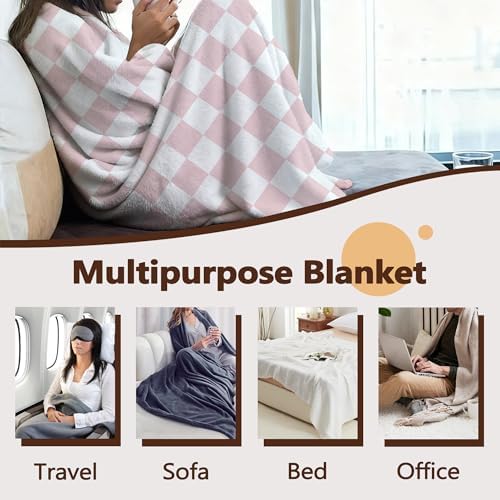 Throw Blanket for Couch,Pink White Checkered Plush Fall Throw,Princess Girls Soft Fluffy Blanket for Sofa Decoration,Flannel Fleece Blanket for Naps,Reading,Traveling,Camping,50 X 60 Inch