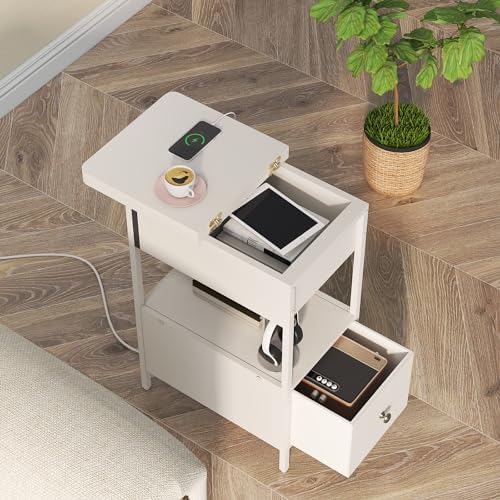 SOOWERY End Table with Charging Station, Narrow Side Table for Living Room