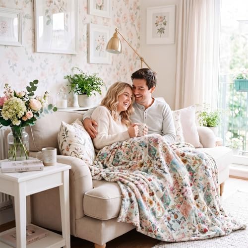 Breling Boho Floral Throw Blanket with Vintage Patchwork 50 x 60 Inch