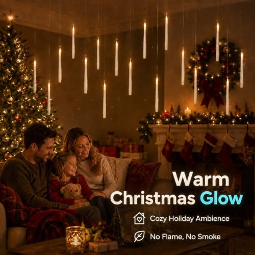 Enido 24 Pack Hanging Flameless Taper Candles with 2 Magic Wand Remotes, Battery Operated LED Floating Candles for Ceiling, Halloween Christmas Indoor Decor
