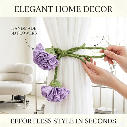 Handmade Curtains Tiebacks, Boho Flower Curtain Tie Backs Curtain Holder Tie Backs for Curtains Braided,Cute Flower Curtain Ties Decorative Rope for Bedroom Window Treatment (Purple)