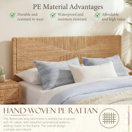 Brafab Hand-Woven Rattan King Bed Frame with Headboard and Footboard