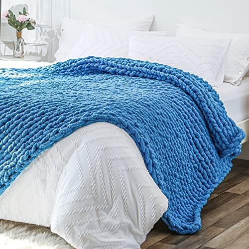 Bigacogo Chunky Knit Throw Blanket for Couch, 51x63 inches, Bright Blue