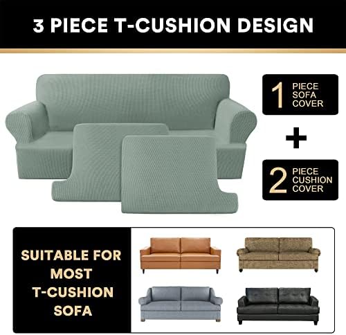 PrinceDeco T Cushion Loveseat Slipcover 3 Pieces Sofa Covers for T Cushion Sofa Stretch Slip Covers for 2 Cushion Couch with 2 Individual T Shape Seat Covers Width Up to 76"- Washable, Sage