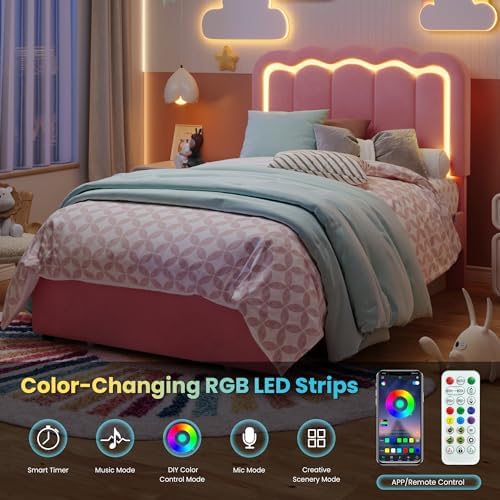 SHA CERLIN Twin Size Bed Frame with LED Lights and Storage Drawer, Pink