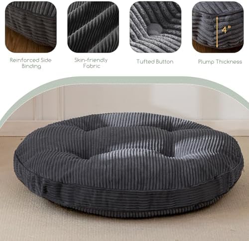 HIGOGOGO 35" Floor Pillow Cushion for Adults, Meditation Cushion Pillow, Extra Large Square Floor Sitting, Tufted Corduroy Cover for Tatami Living Room or Yoga, Dark Grey