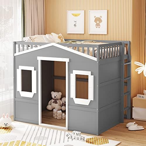 Bellemave Full Size Loft Bed with Play House Shape, Loft Bed Frame with Windows, Entertainment Space and Ladders for Kids, Boys, Girls and Teens, No Spring Needed (Gray+White)