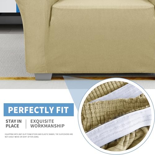 JIVINER High Stretch Loveseat Sofa Slipcovers 1-Piece Jacquard Couch Covers for 2 Cushion Couch Furniture Protector Washable Sofa Covers for Kids Pets Small Checks (Loveseat, Champagne)