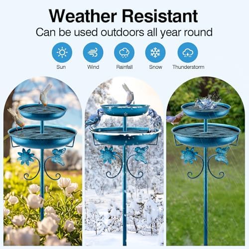 Daoeny Bird Bath for Outside, 42In Vintage Freestanding Birdbaths for Outdoors, Double Metal Bird Bath Feeder Bowls for Garden Patio Yard Lawn Decor, Upgraded 5-Pronged Base (Blue)