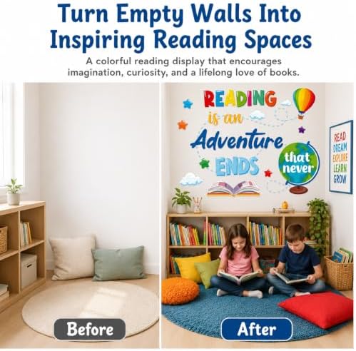 Cinrobiye Inspirational Quotes Wall Decals, Reading Corner Wall Decor, Reading is an Adventure that Never Ends Wall Stickers, Classroom Library Decorations for Preschool, Elementary School, Daycare