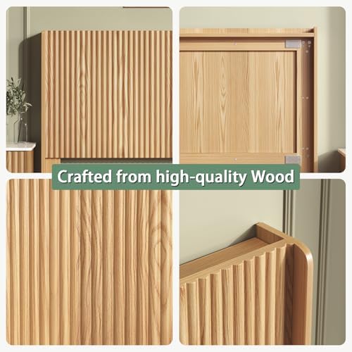 Queen Size Headboard Only, 65" Boho Wood Headboard Modern Fluted with Charging Stations & LED Lights, Wall-Mounted Bed Headboards for Bedroom, Natural