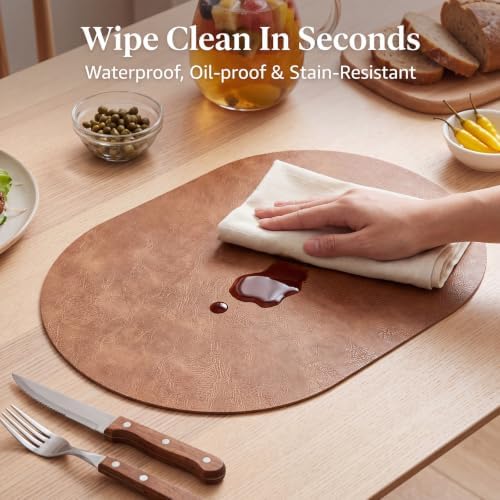 Oval Placemats Set of 4, Wipeable Faux Leather, Light Brown