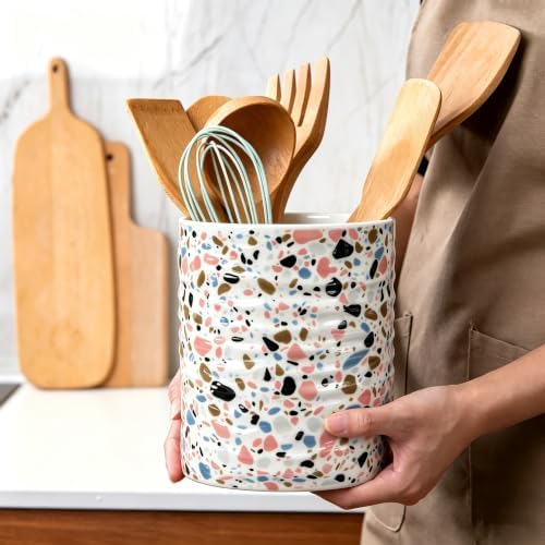 Kitchen Utensil Holder,7.2-inch Extra Large Sturdy Ceramic Terrazzo Marble Pattern Utensil Crock,Cooking Utensil Organizer for Kitchen Counter Decor,Storage Caddy Farmhouse Gift Nordic Pink