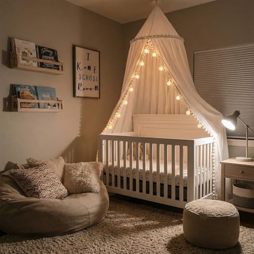LOAOL Bed Canopy with Pom Pom Kids Reading Nook Hanging Tent (White)