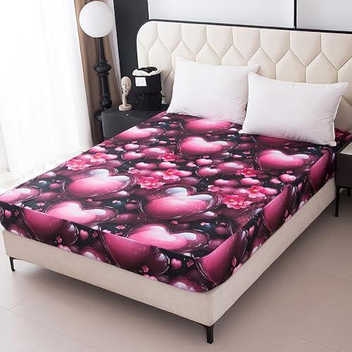 Bedding Fitted Sheet with Deep Pocket,3D Pink Heart Balloon Pattern Printed Fabric Bed Sheets (Red Heart,Full)